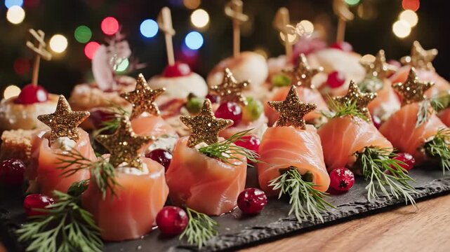 Sweeping overhead shot moving across a beautifully arranged platter of sophisticated holiday canapes featuring salmon rolls and golden edible star decorations background, culinary, arranged