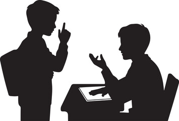 Two silhouettes arguing over a table with a laptop