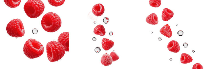 Flying fresh raspberries with water drops isolated on white background, creative floating red berry splash pattern