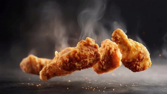 Crispy fried chicken pieces floating in mid-air, surrounded by a smoky haze, creating a delicious visual feast.