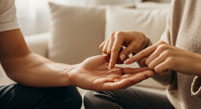 A romantic couple engages in an intimate palm reading, exploring destiny, future, and the beautiful concept of love together