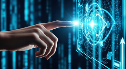 Fototapeta premium Interactive Technology Interface A Hand Touching a Futuristic Screen Displaying Complex Data and Information Representing the Future of Human Computer Interaction