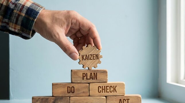 Businessman holding kaizen wooden puzzle.