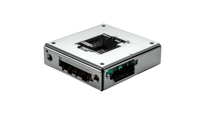 Obraz premium A metallic rectangular electronic device with an open top and multiple connectors