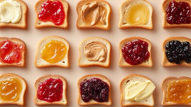 A delicious array of realistic toast slices presented on a soft background, showcasing an artistic mix of colorful spreads like jam, peanut butter, and cream cheese, perfect for morning tastes