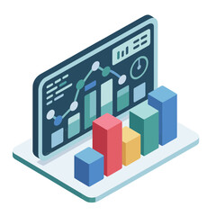 Fototapeta premium Data visualization workshop, isometric presentation board with KPI bars and lines, marketing review session, performance metrics, digital analytics training vector