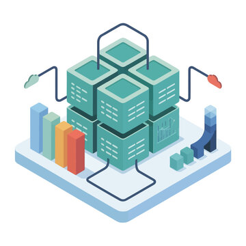 Data pipeline and storage platform with cubes and nodes, API integration, ETL process, isometric cloud database vector illustration design