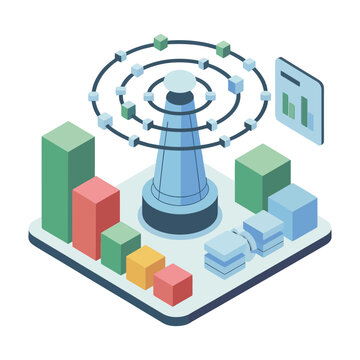 Telecommunications conference, isometric broadcast tower with ripple waves, coverage mapping session, base stations, cellular network planning vector graphics