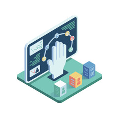 Digital identity verification, biometric fingerprint hand, secure login, compliance audit, access control, cybersecurity dashboard, privacy protection, authentication workflow, vector illustration