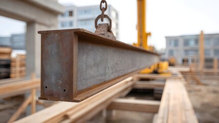 A rusty steel I beam is lifted by a crane at a construction site
