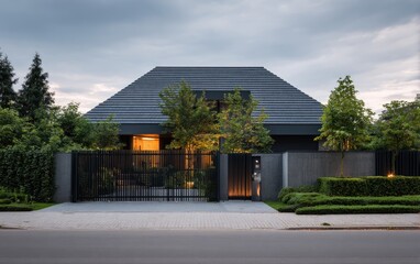 Modern residence with large peaked roof, surrounded by lush greenery