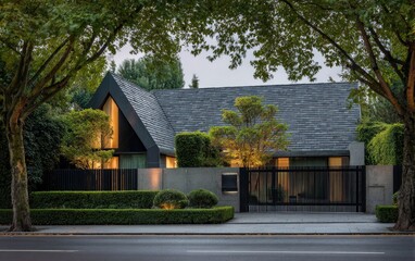 Modern geometric home with sharp angles and dark facade under trees