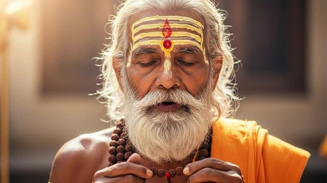 Elderly Indian Shiva devotee showing traditional sacred markings