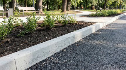 Obraz premium New Concrete Curb Separating Greenery and Asphalt Road in Urban Park