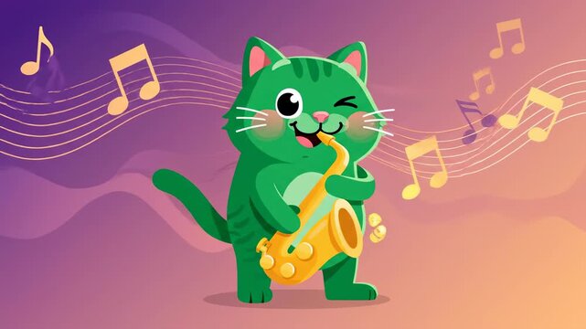 Simple flat design mascot animation featuring a cheerful green cat playing a smooth jazz tune with subtle rhythmic body movement flat, featuring, Simple