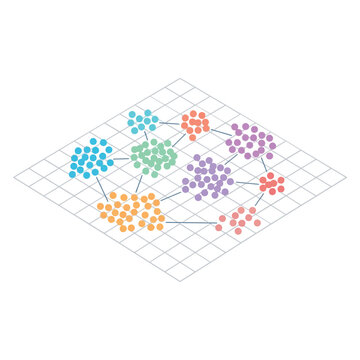 Data science clustering visualization on grid, analytics conference poster, k means groups, color clusters, machine learning workshop session graphic element
