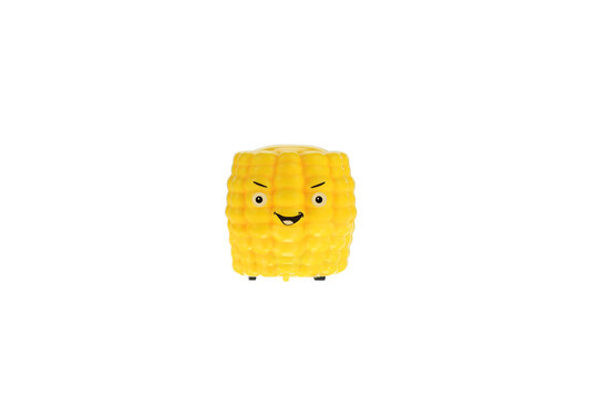 cute smiling corn character, creative and funny cartoon style corn cob features expressive eyes and a happy face, bright yellow color and playful design, funny character, isolated on white background 