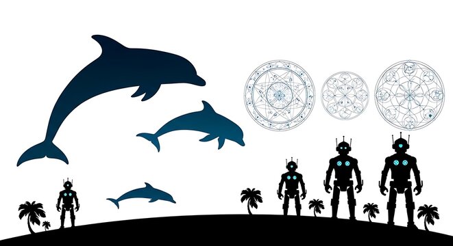 Dolphins, Robots, and Mystical Orbs - A Surreal Silhouette Landscape.