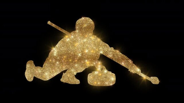 Luxury male curling player delivering the stone with golden glitter, alpha channel