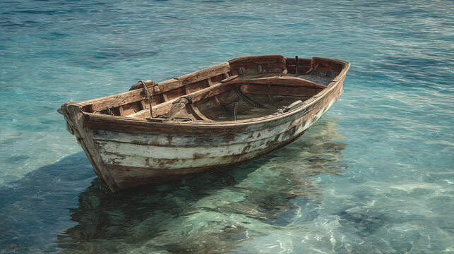 An old wooden boat floating peacefully on clear, turquoise water. The boat shows signs of age and wear