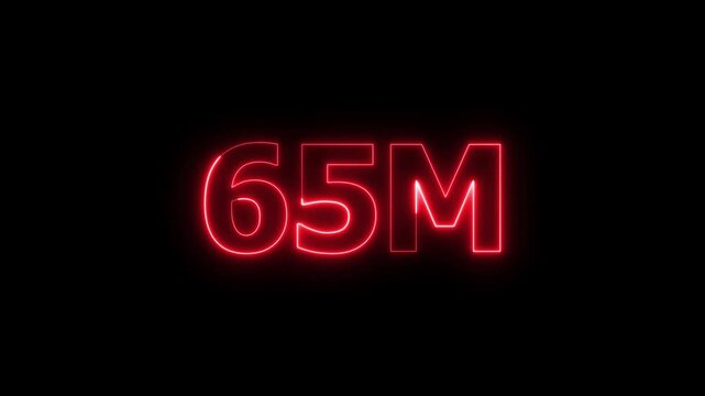 Glowing neon 65M text animation. Social media views, followers and subscribers celebration concept video on black background.