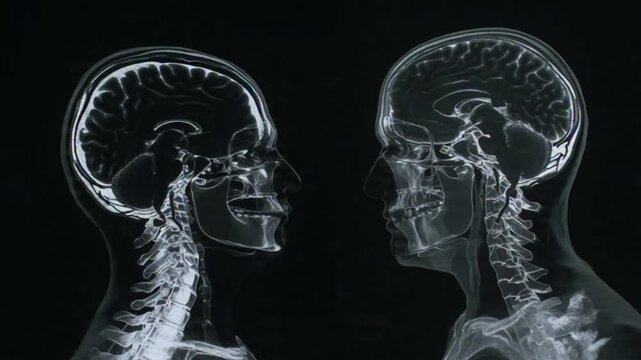 Clinical X-ray image showing normal human skull, anterior posterior and lateral views, blue monochrome tone, black background isolation, realistic radiographic detail