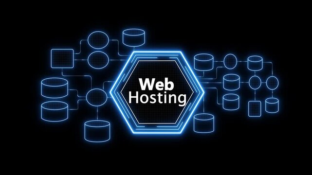 Web Hosting concept with AI and network icons on a dark blue bokeh background Keywords: Web Hosting, server, data center, cloud, network.4k animation video