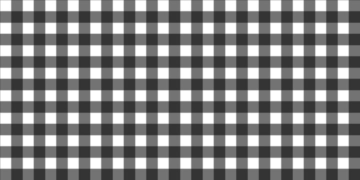 Seamless black and white gingham pattern background. Classic buffalo check fabric texture for fashion, scrapbooking, and interior design. Minimalist rustic tablecloth geometric illustration.