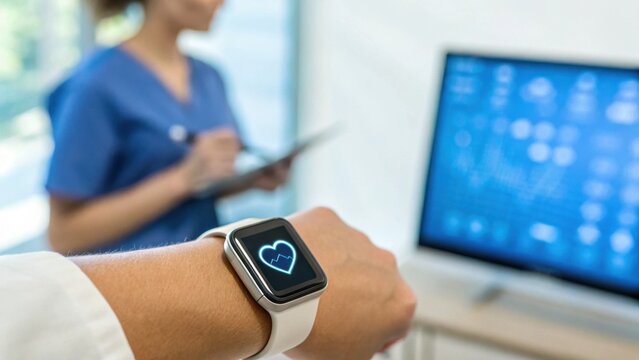 A smartwatch displays heart rate data while a healthcare professional takes notes in the background, showcasing modern health monitoring technology.
