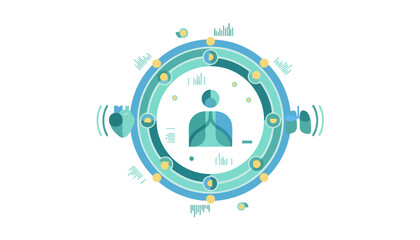 Obraz premium Abstract illustration of a human figure at the center of a circular data visualization or interconnected system, representing personal well-being or a holistic process.