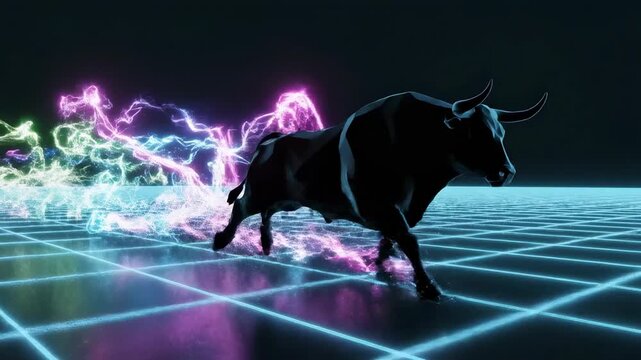 Stylized graphic rendering of a charging silhouette bull leaving vibrant neon light trails as it runs across a digital, abstract grid plane background, motion graphics, runs across