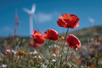 Obraz premium Vibrant red poppies bloom in a wildflower field with wind turbines behind