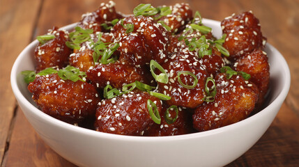 Delicious fried chicken with sesame seeds and green onions in a bowl