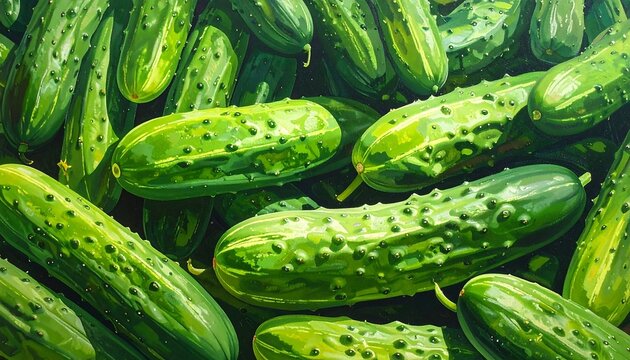 Pile of many green, textured cucumbers, close-up. Refreshing, healthy, and natural. Appetizing food