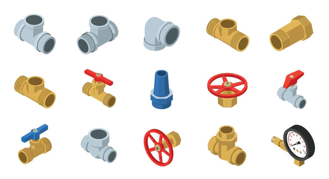 Isometric plumbing fittings and valves collection on a white background