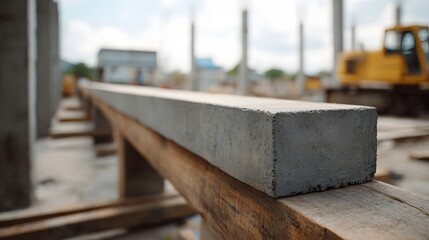 Obraz premium A close up of a raw concrete beam resting on wooden supports at an outdoor construction site with a yellow excavator in the background