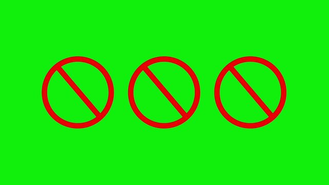 Three appearance of the red crossed out circular prohibition symbol floating animation on a green screen.