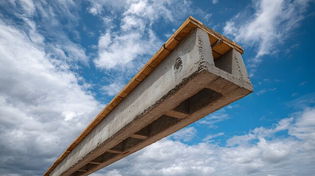 A long concrete beam with wooden formwork suspended against a bright blue sky with white clouds