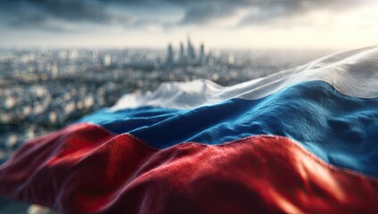 Russian flag waves over city skyline, national symbol, patriotic view, dawn