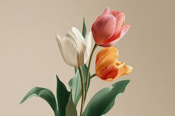 Delicate pastel tulips, white, pink, and orange, bloom gracefully with green leaves