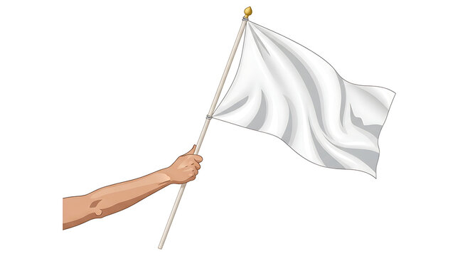 Hand holding white flag waving in air isolated on white background