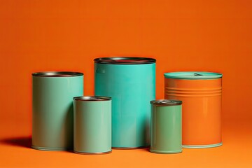 Assortment of colorful metal canisters arranged against an orange backdrop