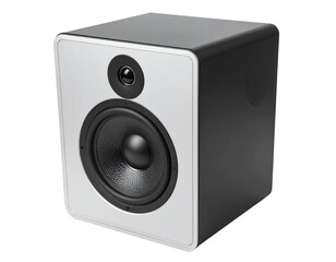 Obraz premium Sleek, modern compact speaker with black cabinet and white faceplate