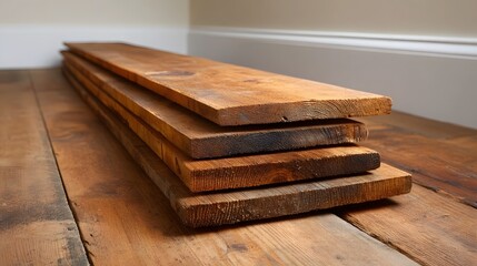 Fototapeta premium A stack of rustic wooden planks rests on an old wooden floor in a softly lit indoor space