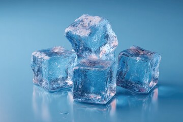 Ice cubes stacked on a blue surface