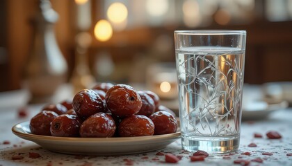 A plate of sweet Gulab Jamun dessert balls next to a glass of clear water on a table with a white tablecloth