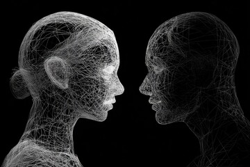 Two wireframe human heads facing each other against a black background