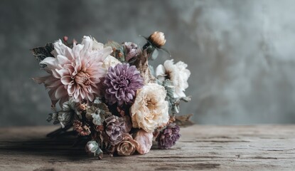 A textured bouquet of delicate dahlias and roses sits on a rustic wooden surface