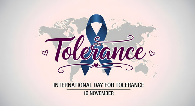 A blue tolerance ribbon with the text 'International Day for Tolerance 16 November' over a subtle world map.