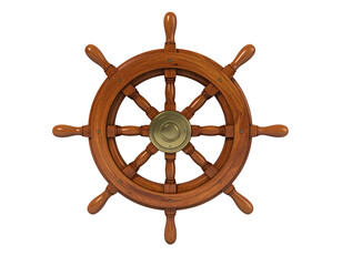 Detailed wooden ship's wheel with brass hub, isolated on black